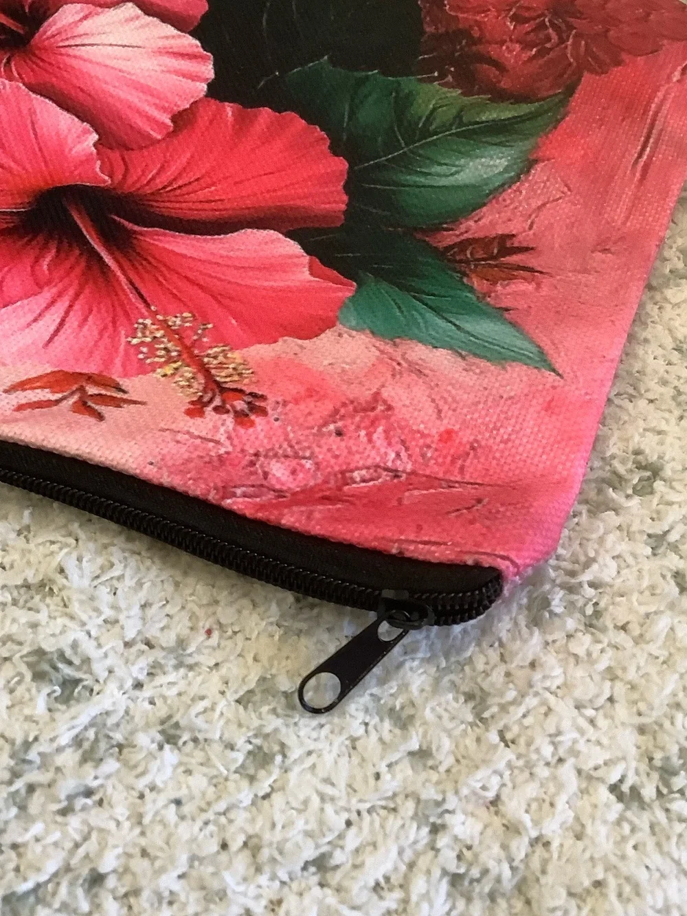 Hot Pink Tropical Floral Cosmetic Bag Canvas Pouch with Hibiscus Print NWT 10x7.
